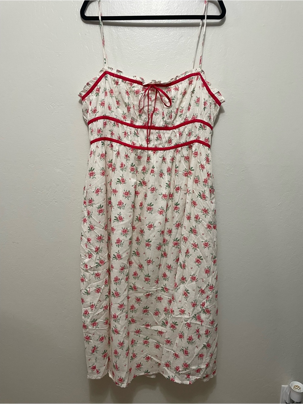 NWT Storia Cream Pink Floral Trim Strap Cottagecore Dress Size XL